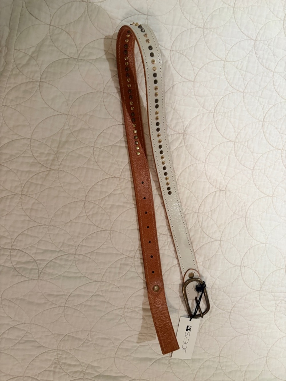 Two-Tone Studded Women’s Leather Belt - White & Brown